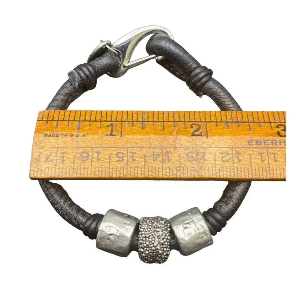Lizzy James black leather and three silver beaded bracelet with hook clasp